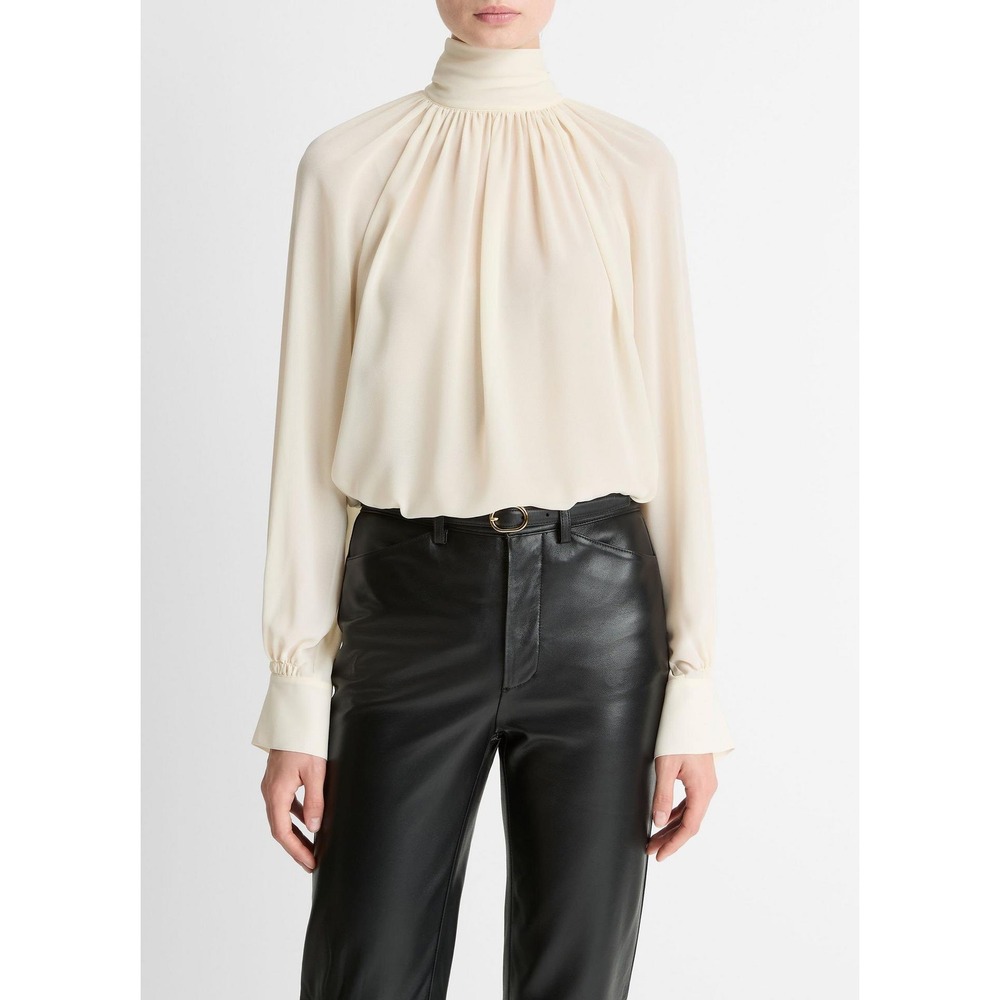 NEW VINCE Gathered Draped-Neck Crepe Blouse Cream XXS NWT
